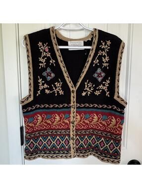 Vintage Hand Embroidered Knit Vest Sweater-Fits like Large